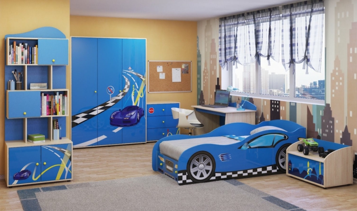 עיצוב פנים ילדים בחדר כחול צבע אופנה המיטה כמו מכונית כחול עיצוב לילד