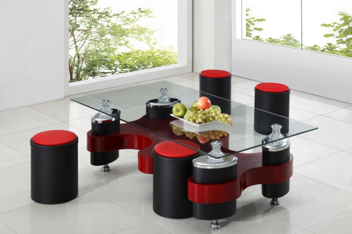 Mesa de Centro-con-heces de vidrio frutas de mesa elegantes muebles-negro-rojo