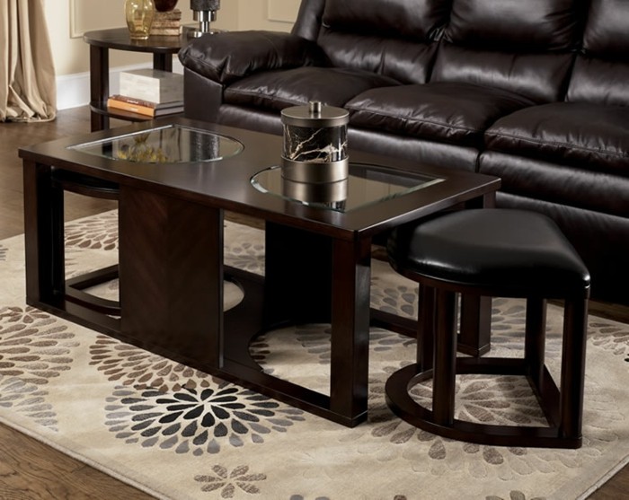 elegante salón-sofá de cuero de diseño mesa de centro de madera y cristal taburete de diseño interesante