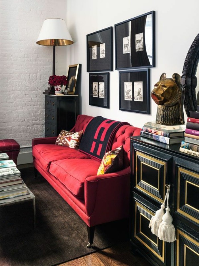 елегантен хол-дизайн-черно шкафове стенописи елегантен кафе-червено