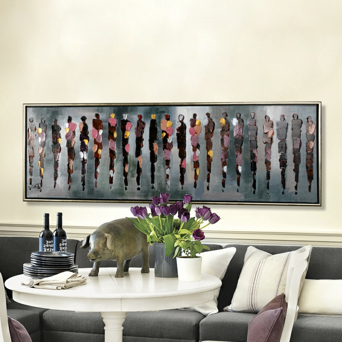 елегантна трапезария интериор Abstract Стенопис лилави лалета Pig фигура бутилка вино extarvagante-Деко идеи