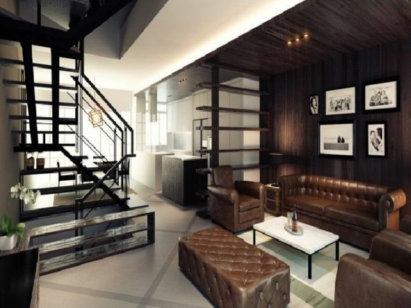 tyylikäs olohuone-ruskea-sävy-portaat ja nahkasohva kahdella nojatuoli ja jakkara