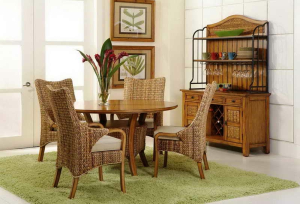 Ebédlő - modern bútorzat - rattan szék - zöld szőnyeg