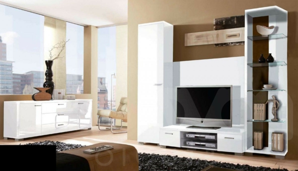 Exclusivo mobiliario de tv diseño creativo sala de estar con paredes de vidrio
