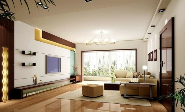 muebles exclusivos de televisión súper diseñados: elegante araña y ventanas grandes