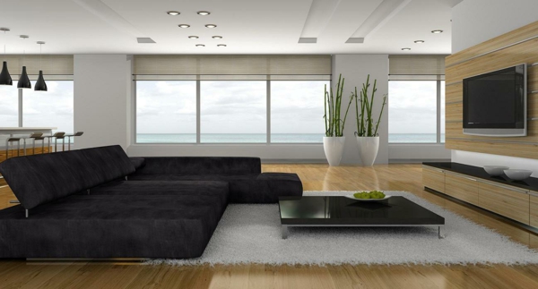 Tervező nappali modern fekete kanapéval
