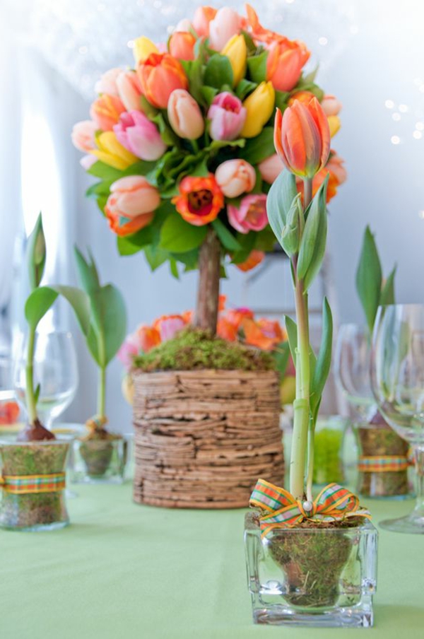 decoración de mesa de idea fantástica para una primavera con tulipanes con tulipanes