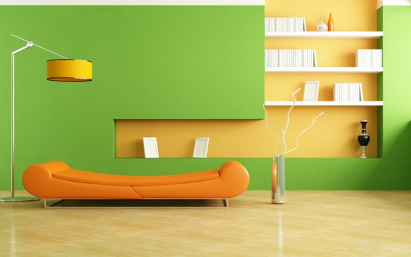 фантастичен стена .в нюанси на зелено диван в оранжево