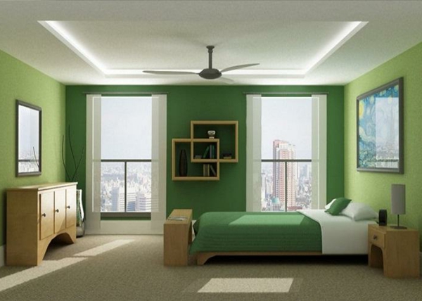 värimaailma-makuuhuone-vihreät seinät-kaunis-sänky - kuvat seinällä