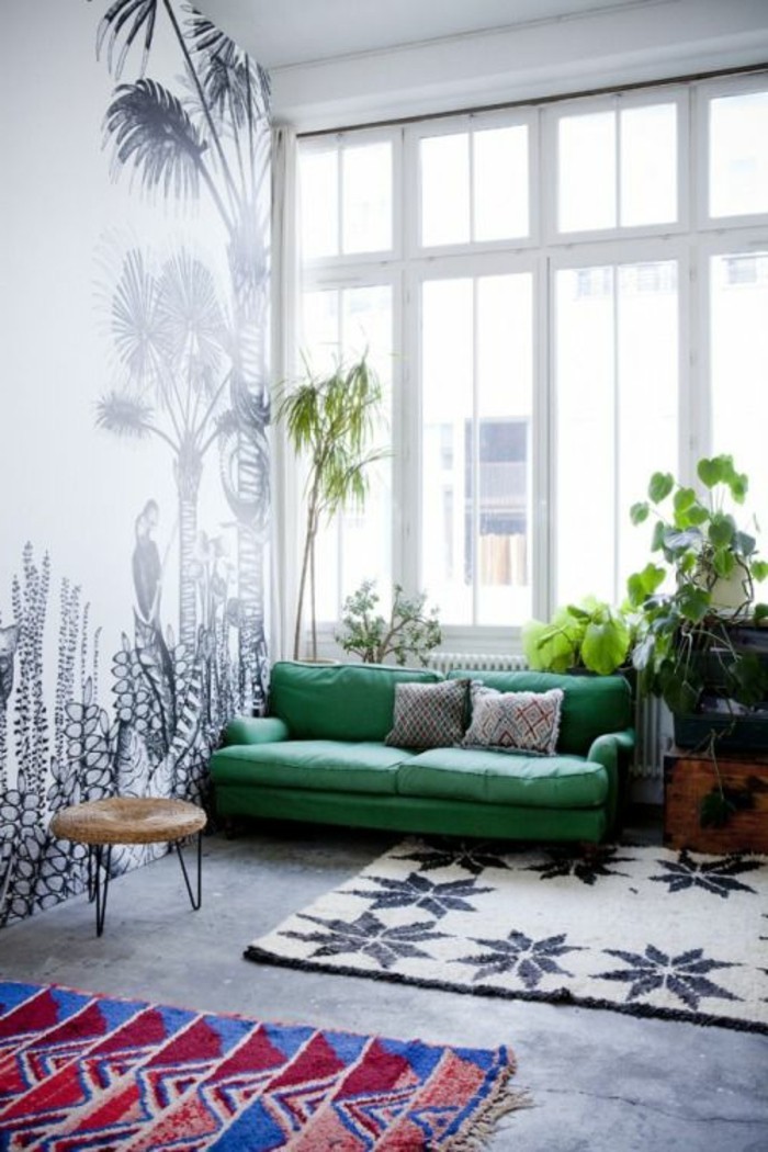 цвят дизайн стени-тапети-модел килим-сиво-зелени почва-диван-модел възглавница-растение-столче-ярко-дневна