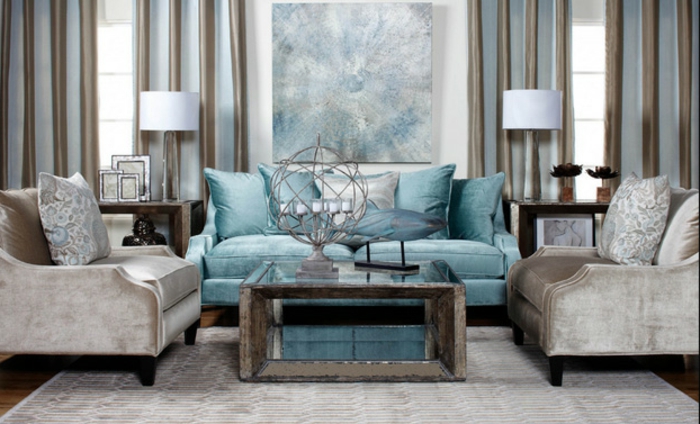 דירה-קיר בצבע שמפניה-חיים עיצוב צבע לחדר-עם-ספה-ב-כחול