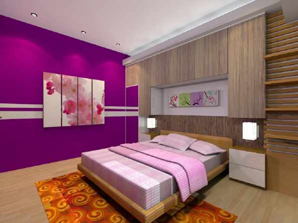 boja-spavaća soba-ciklamen-boja-slika na zidu i lijep krevet
