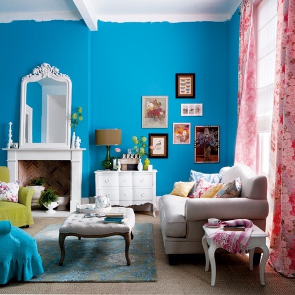 κουρτίνες όμορφο χρώμα-ιδέες-σαλόνι-μπλε-τοίχο-και-ροζ