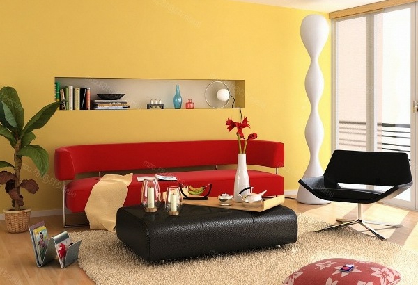 raumgestaltug color amarillo-pared-rojo-negro-sofá-mesa