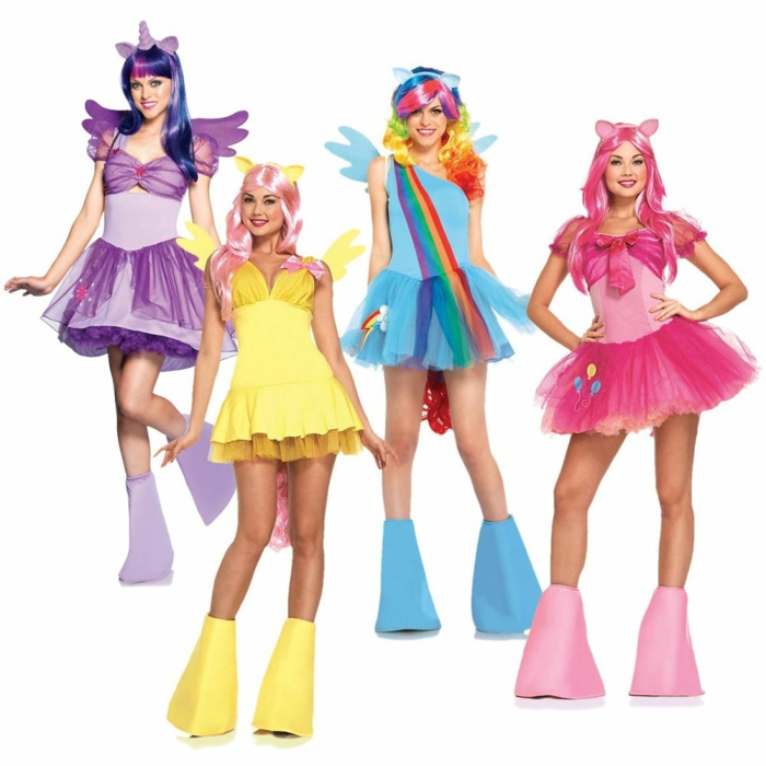 Карнавални костюми за групи - цветни рокли и перуки от детско шоу