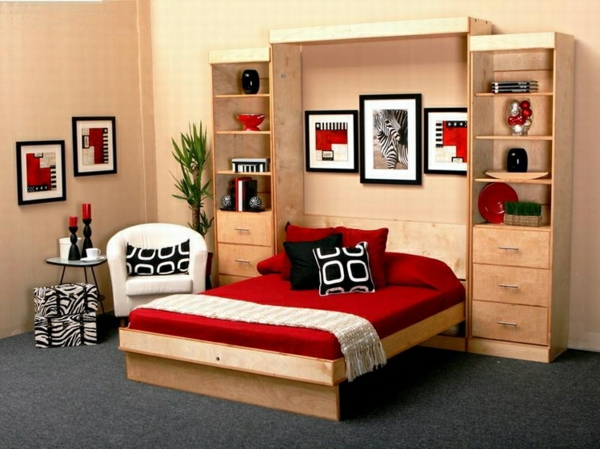 puinen feng-shui-väri-in-the-makuuhuone hyllyjärjestelmä ja moderni sänky suunnittelu