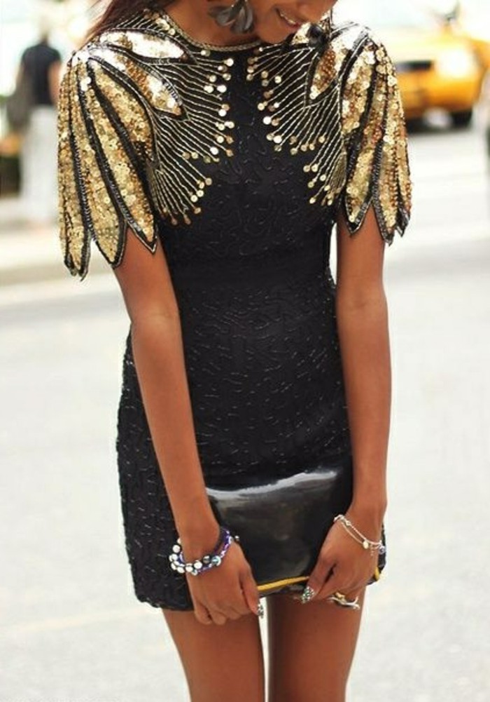 Svečane ženske modne kratki crno-haljinu i zlatne svjetlucave-pribor-mali džep
