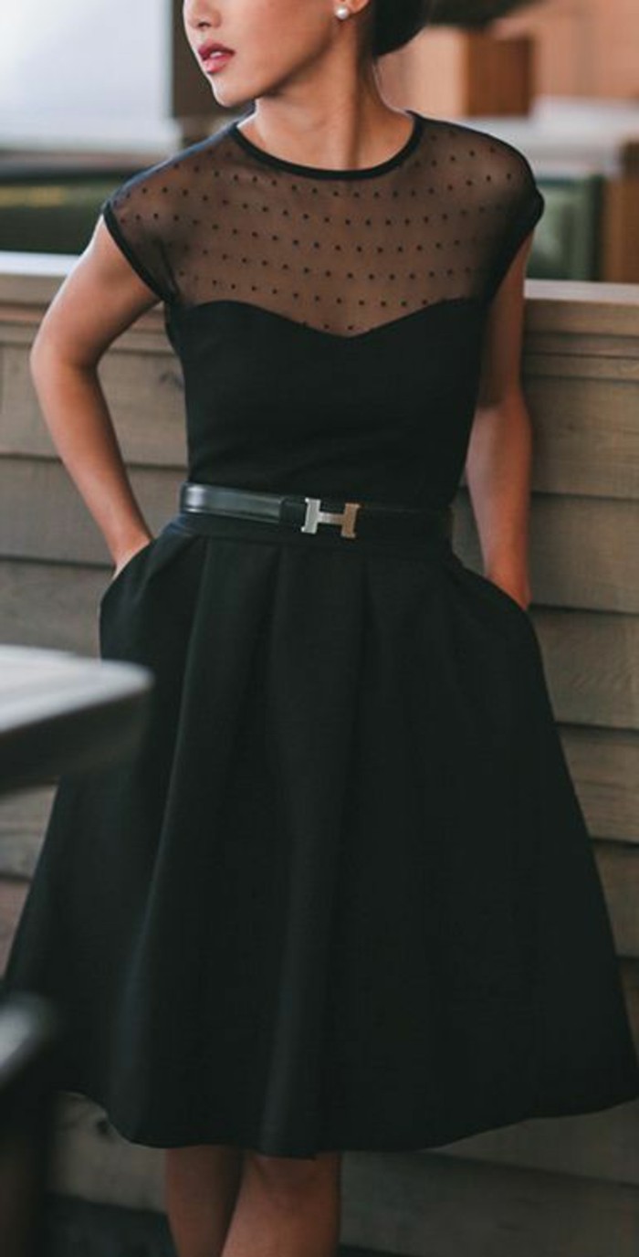 fête tenue vestimentaire-femmes-noir-robe avec dentelle-Guertel poche intérieure