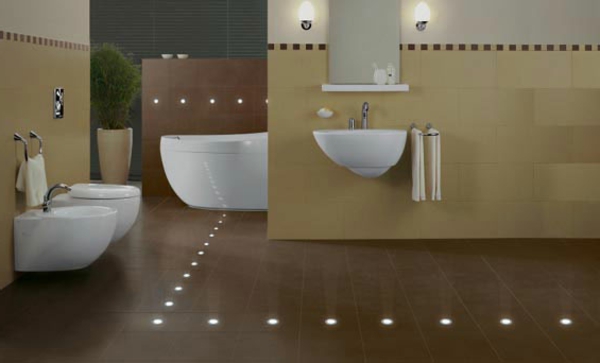 теракота със светлина в банята - модерен дизайн за голяма баня