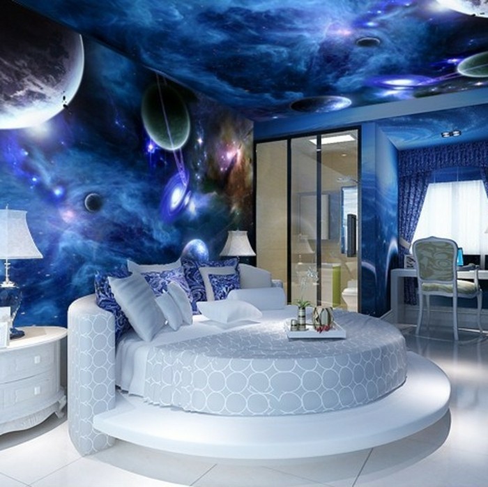 photowallpaper-in-kék színű, modern hálószoba
