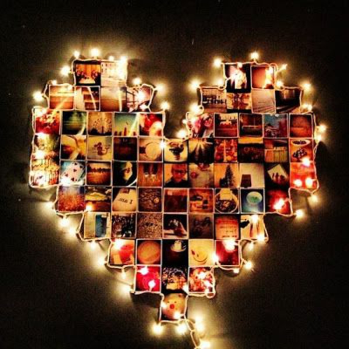 Фото колаж във формата на сърце, украсен с фея светлини по краищата