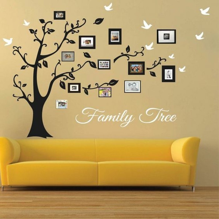 fotowand-الأفكار الأسرة شجرة رمادية أريكة في الطابق الجدار من بين الخشب الفاتح اللون البني