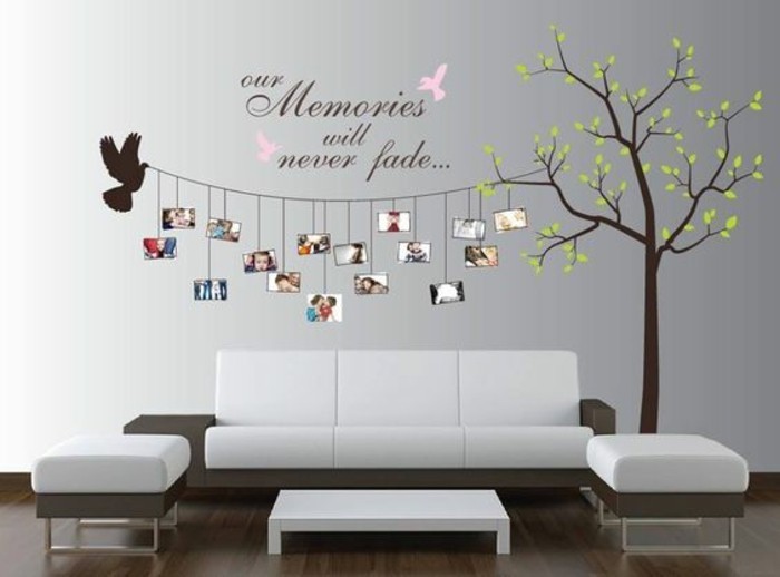 fotowand-ötletek családi fotók madár-tree-kanapé-asztal-szék