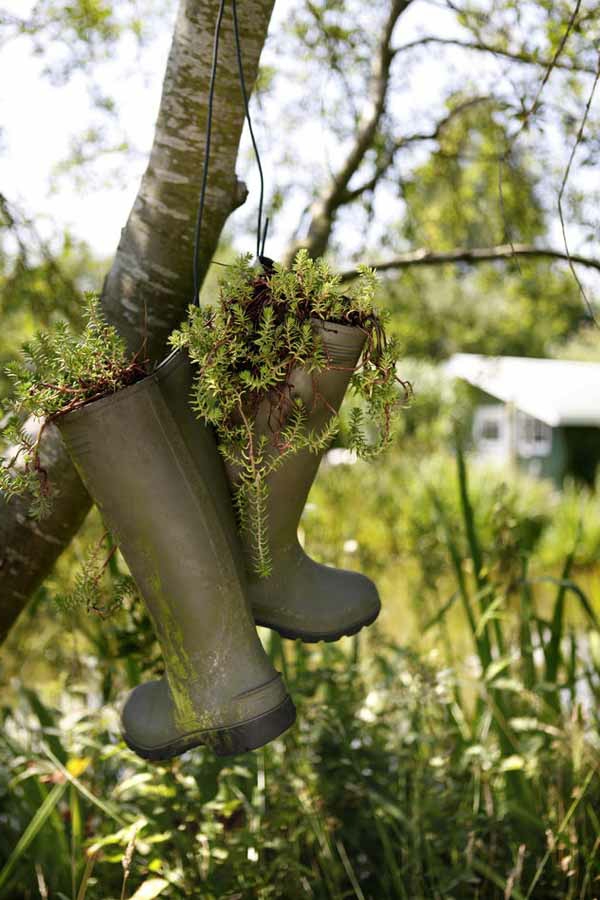 Decoración de jardín hecha de colgantes estigmas con plantas - colgando del árbol