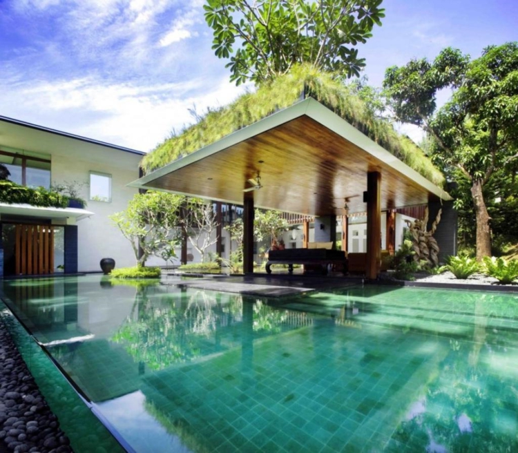 пергола покрива екологичните-шик-благородни инсталации-съвременен стилен басейн-слънце лятото