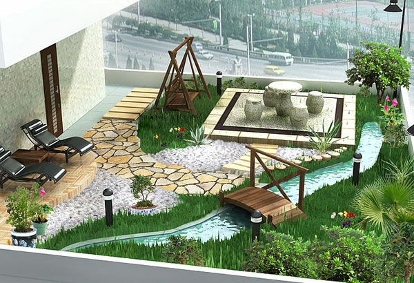 Grandes ideas para el jardín: puente de madera y piedra corriente