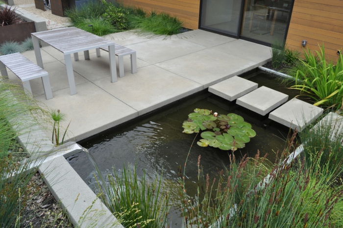 Модерен дизайн на градината - водни елементи и езерце