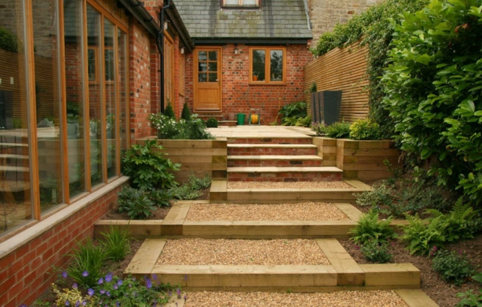 Модерен дизайн на градината - зелени растения и стълби покрити с чакъл