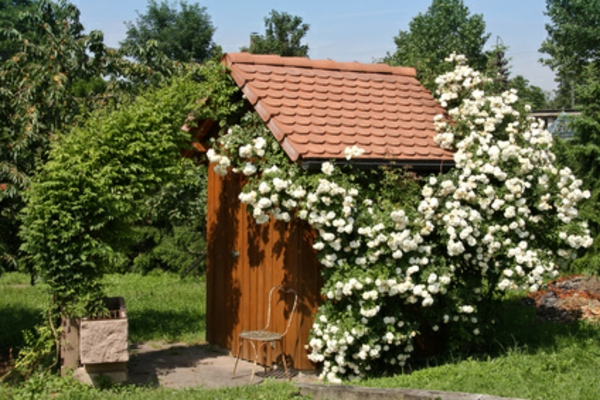 дървена къща в градината - много бели цветя
