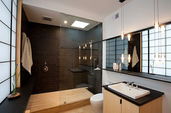 carrelage-douche-dans-moderne-salle de bain - couleur brun foncé