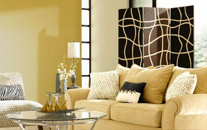 amarillo-sofá-hermosa-pared de diseño-en-moderno-sala de estar