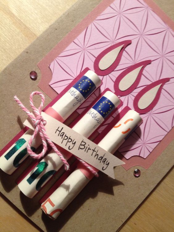 Hacer una tarjeta de cumpleaños usted mismo, billetes de banco como velas, idea creativa para copiar