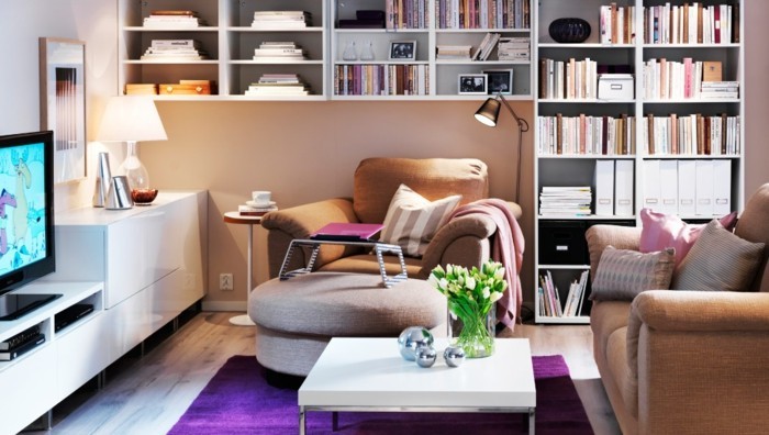 Viihtyisä-olo-make-kirjahyllyt-violetti matto-sohvapöytä ja valkoinen