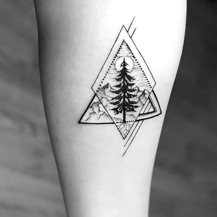 Татуировки мотиви, гора и планини, иглолистни дървета, пирамида, ромб