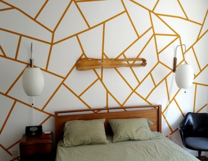 geometrijska plijesni zid spavaće drvo krevet crno-plstikstuhl-nightlamps