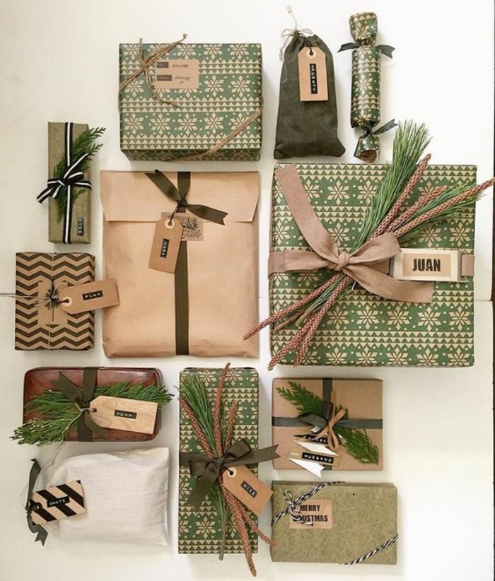 embalaje-en-verde y marrón con ramas-geschenkverpackung-regalo caja-regalo