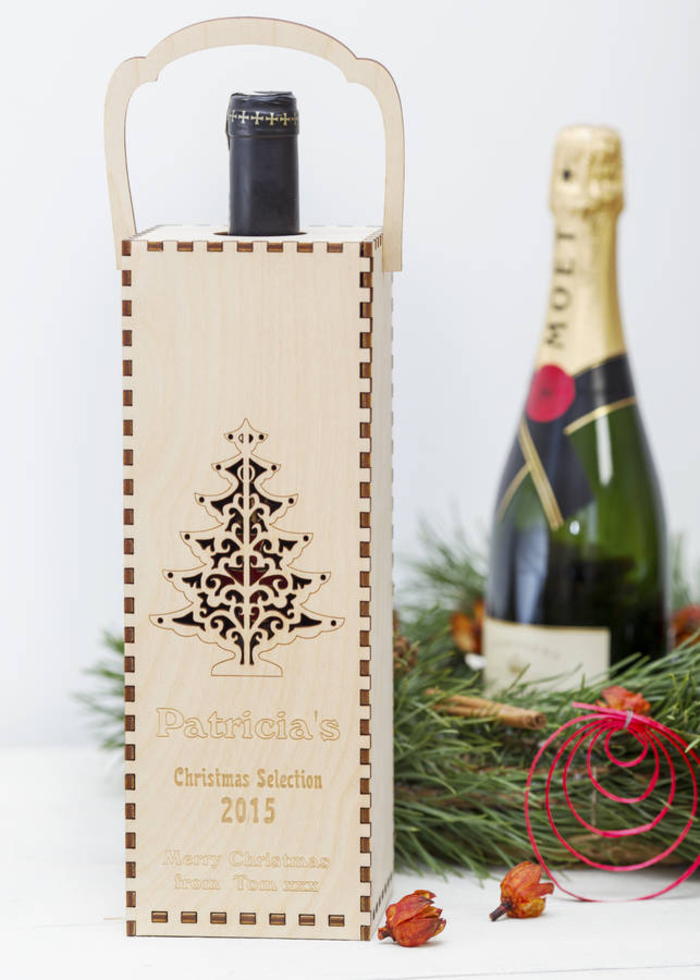 Botella de vino en caja de madera, regalo de Navidad, árbol de Navidad, deco
