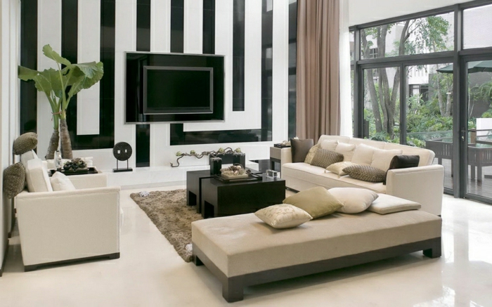 élégant magnifique salon-design d'intérieur-noir et blanc TV-panneau mural-kaki mis-avec-noir-simple-canapé moderne en bois-table basse-salon-inte
