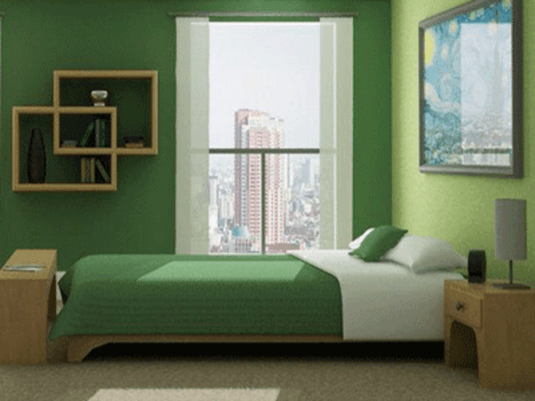 seinän vihreän seinän väri-makuuhuone-alkuperäiset hyllyt ja moderni sänky