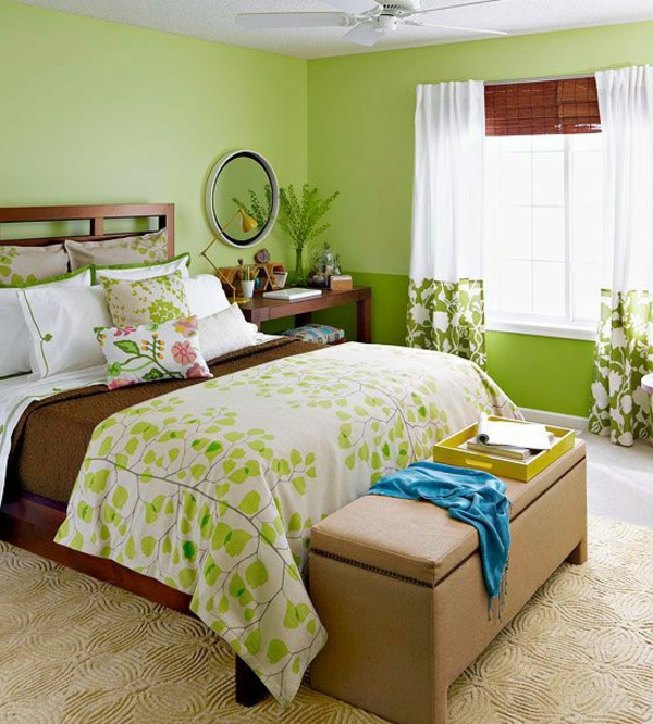 हरे रंग की दीवार डिजाइन के लिए बेडरूम-मधुर-उपकरण