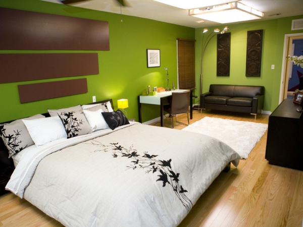 Mur vert design pour chambre avec brun-accents