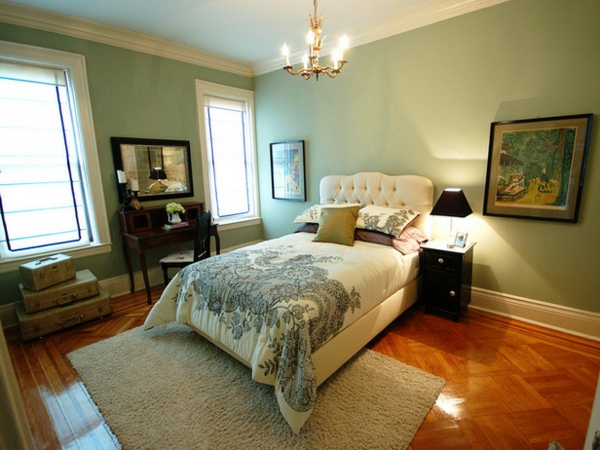 हरे रंग की दीवार डिजाइन के लिए बेडरूम-आधुनिक साज-सज्जा