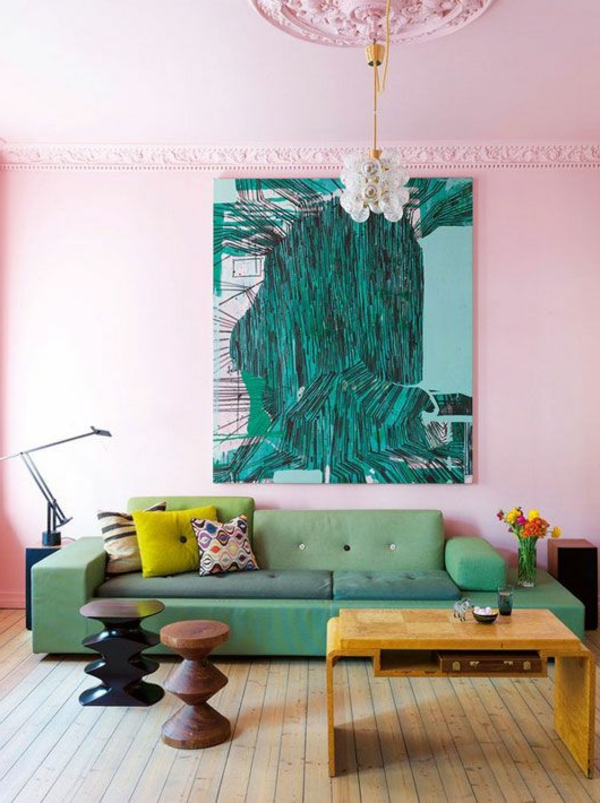 vihreä sohva olohuone-ideat-seinä-maali-olohuone-seinä-design-olohuone