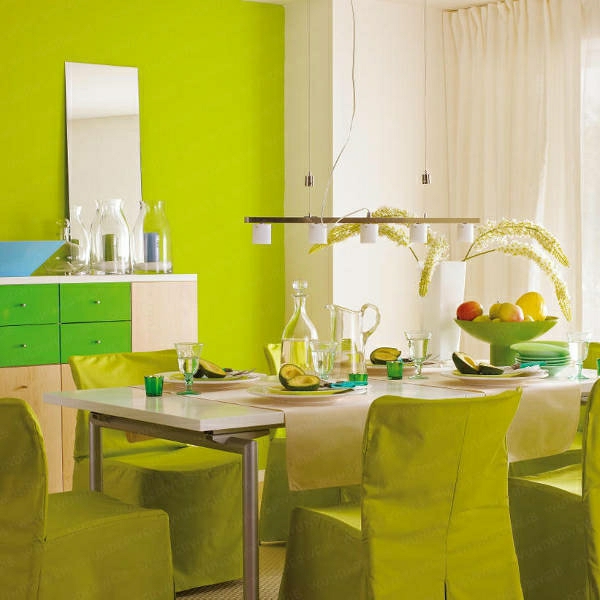 غرفة خضراء اللون ، جدار اللون ، غرفة الطعام - تصميم الديكور الجدول