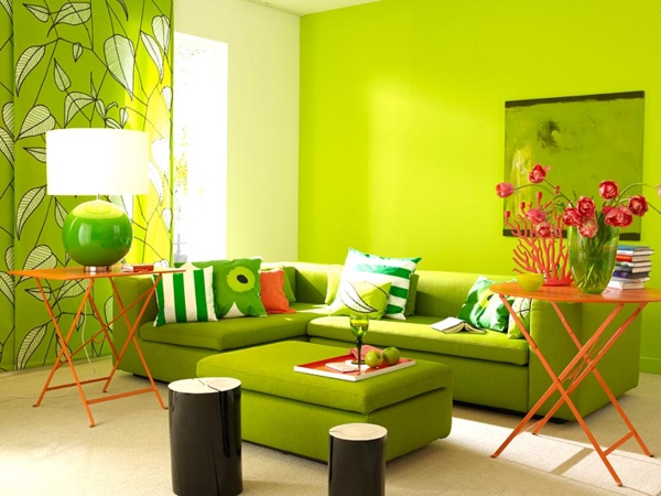 نغمات اللون الأخضر ، الجدار ، لون ، أريكة مع رمي وسادة - عناصر ديكو جميلة