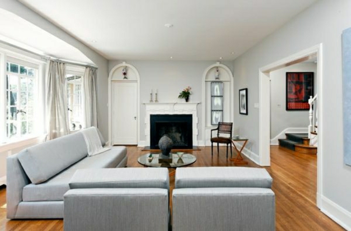 灰色的设计，客厅，壁炉色调色板，墙壁颜色